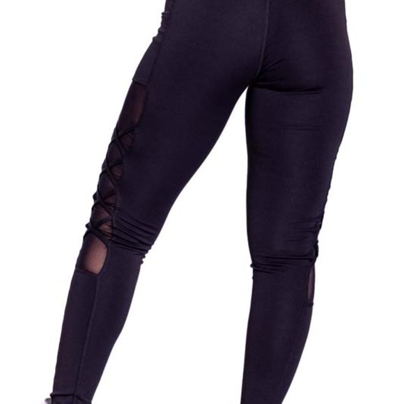 High-Waisted & Criss Cross Mash Panel Gym and Yoga Leggings with Side Pockets - Picture 5 of 7